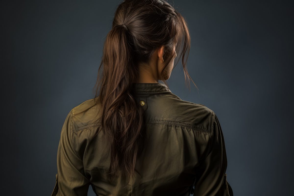 Close-Up of Young Brunette Woman Backlit on Dark Background