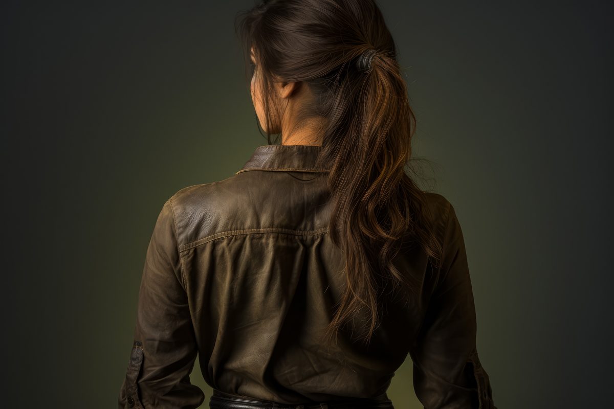 Close-Up of Young Woman Backlit on Dark Background