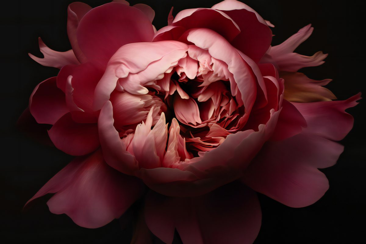 Close-up photo of a beautiful peony flower on black background