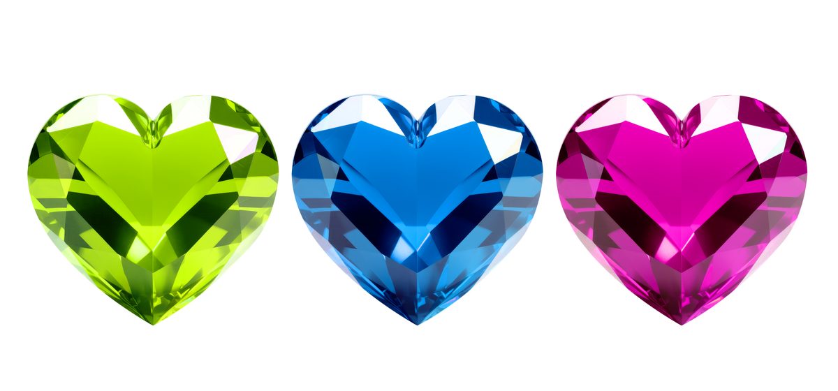 Collection of coloured gems in heart shapes isolated on transparent background
