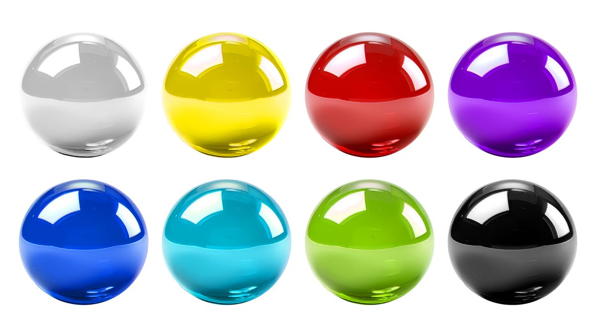 Collection of shiny coloured spheres isolated on white background