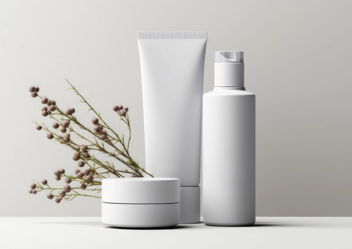 Collection of white cosmetic bottles in a photographic composition