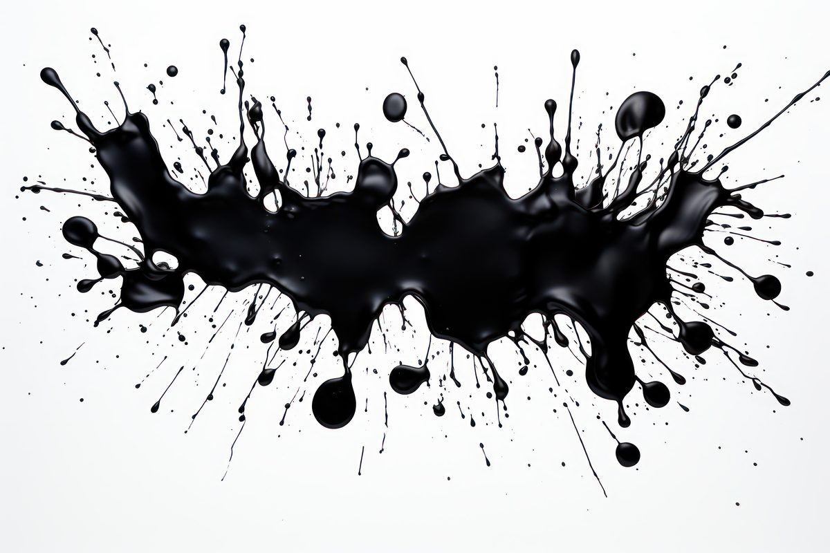 Composite image of a wide patch of dense black liquid with droplets on a white background