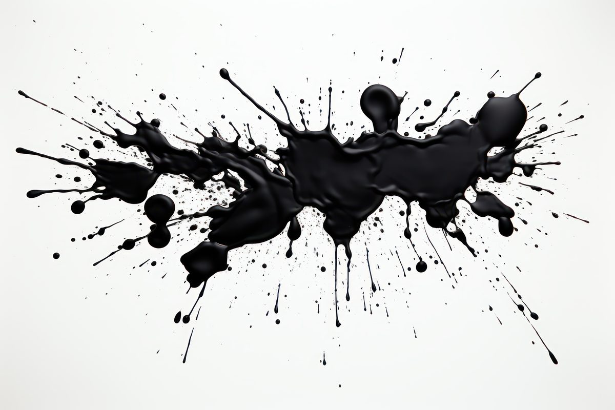 Composite image of a wide patch of dense black liquid with drops and drips on a white background