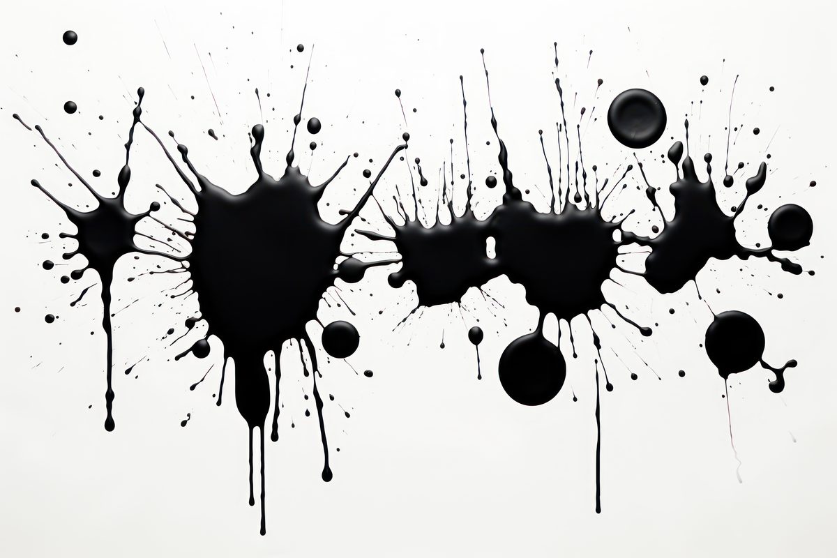 Composite image of black liquid stains with drops and drips on a white background