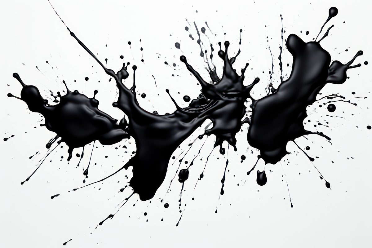 Composite image of dense black liquid stain with droplets on white background