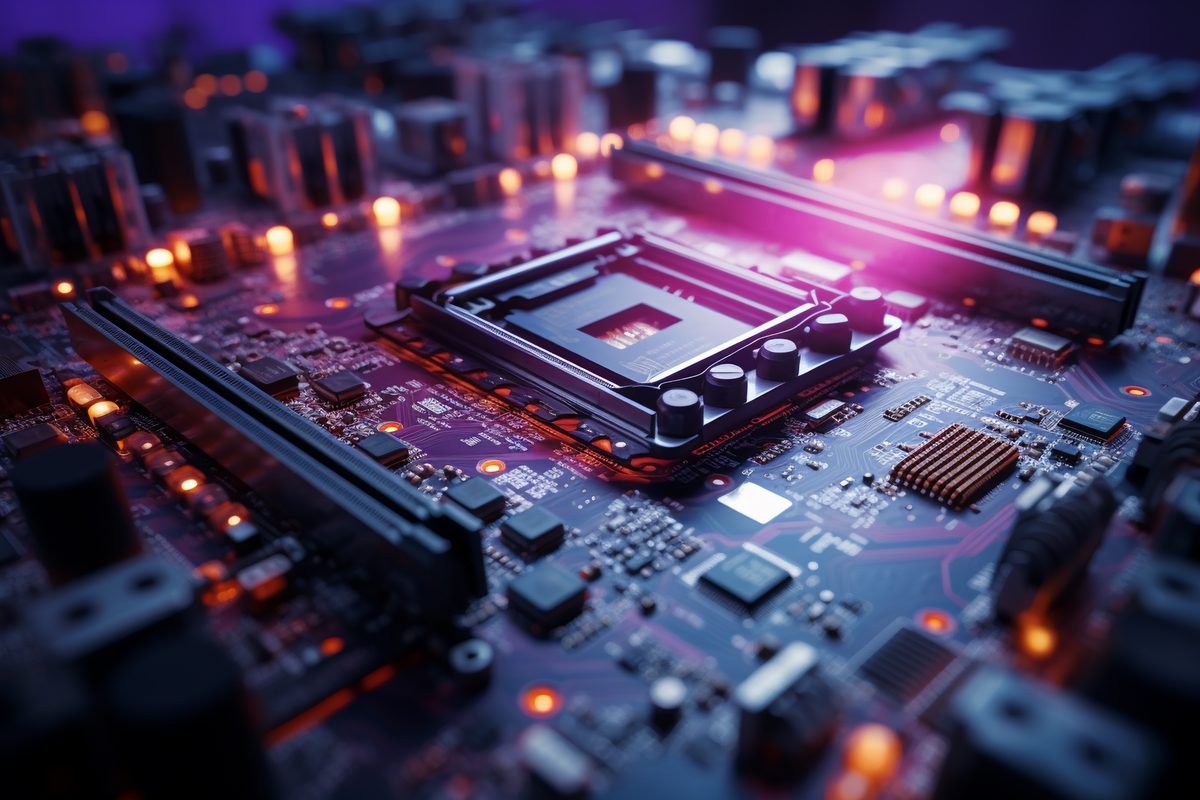 Detailed macro photo of a computer motherboard