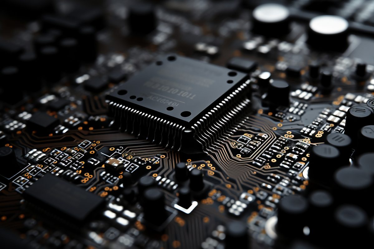 Detailed macro photo of a computer motherboard in black color