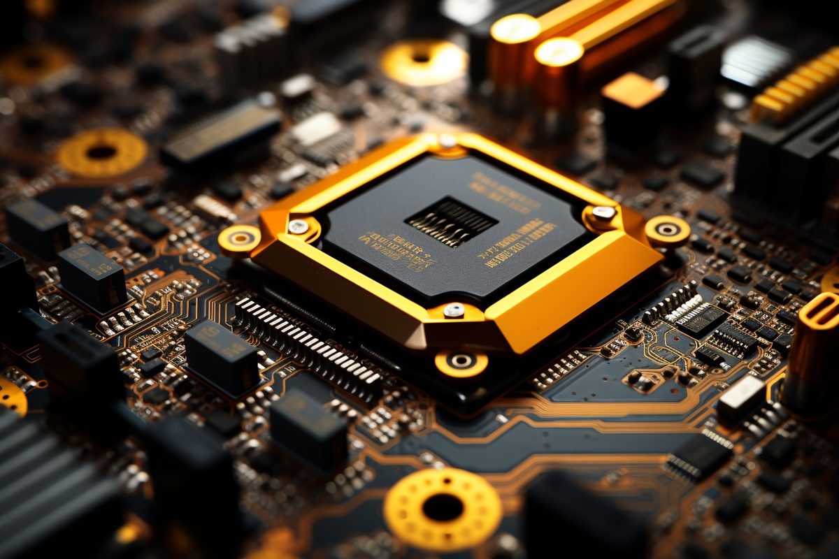 Detailed macro photo of a computer motherboard in gold and black