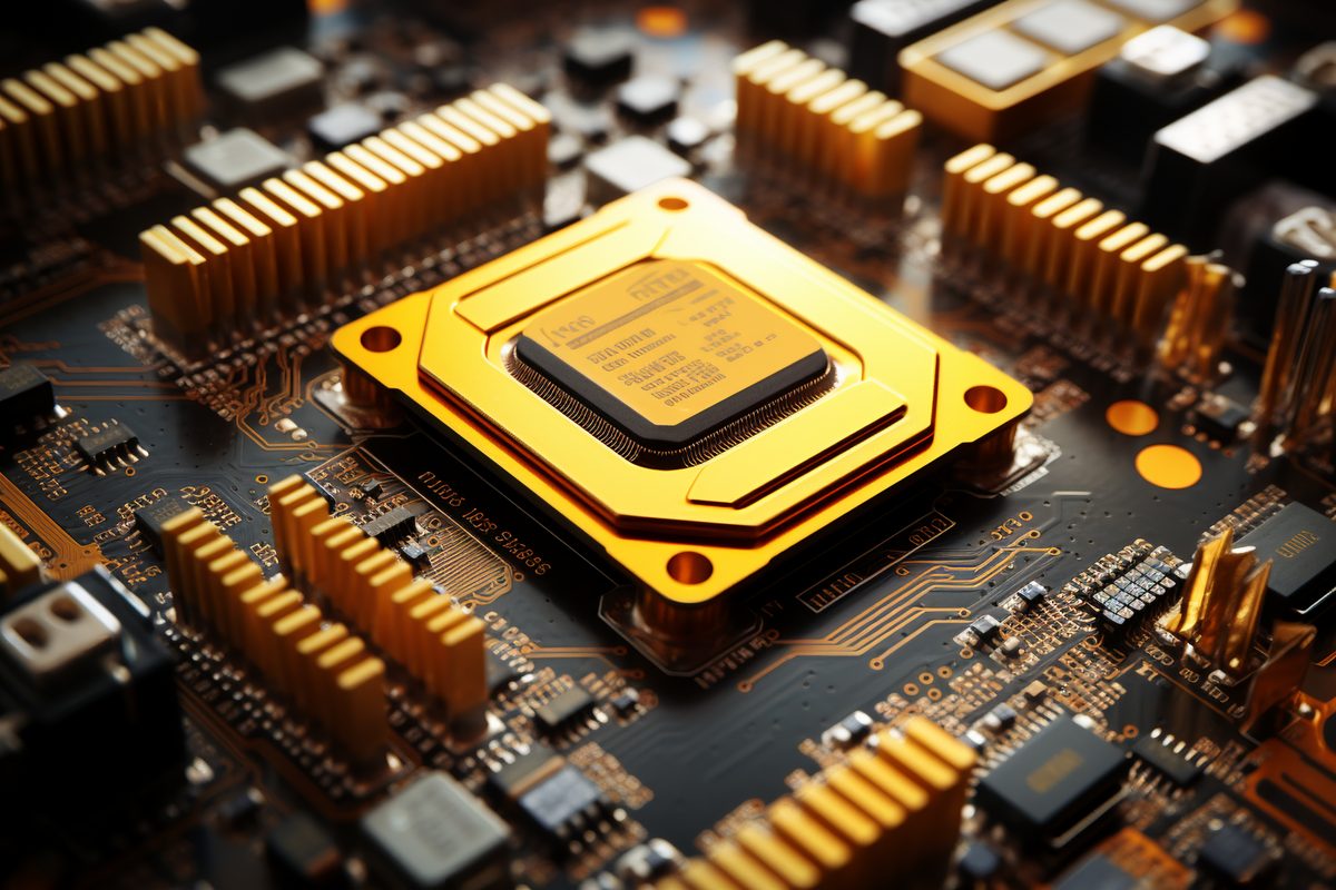 Detailed macro photo of a computer motherboard in gold and black colors