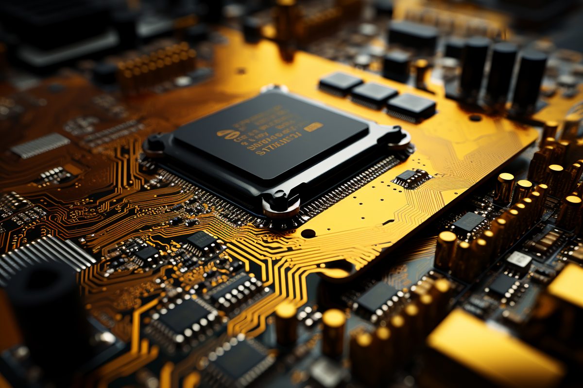 Detailed macro photo of a computer motherboard in gold and black intense colors