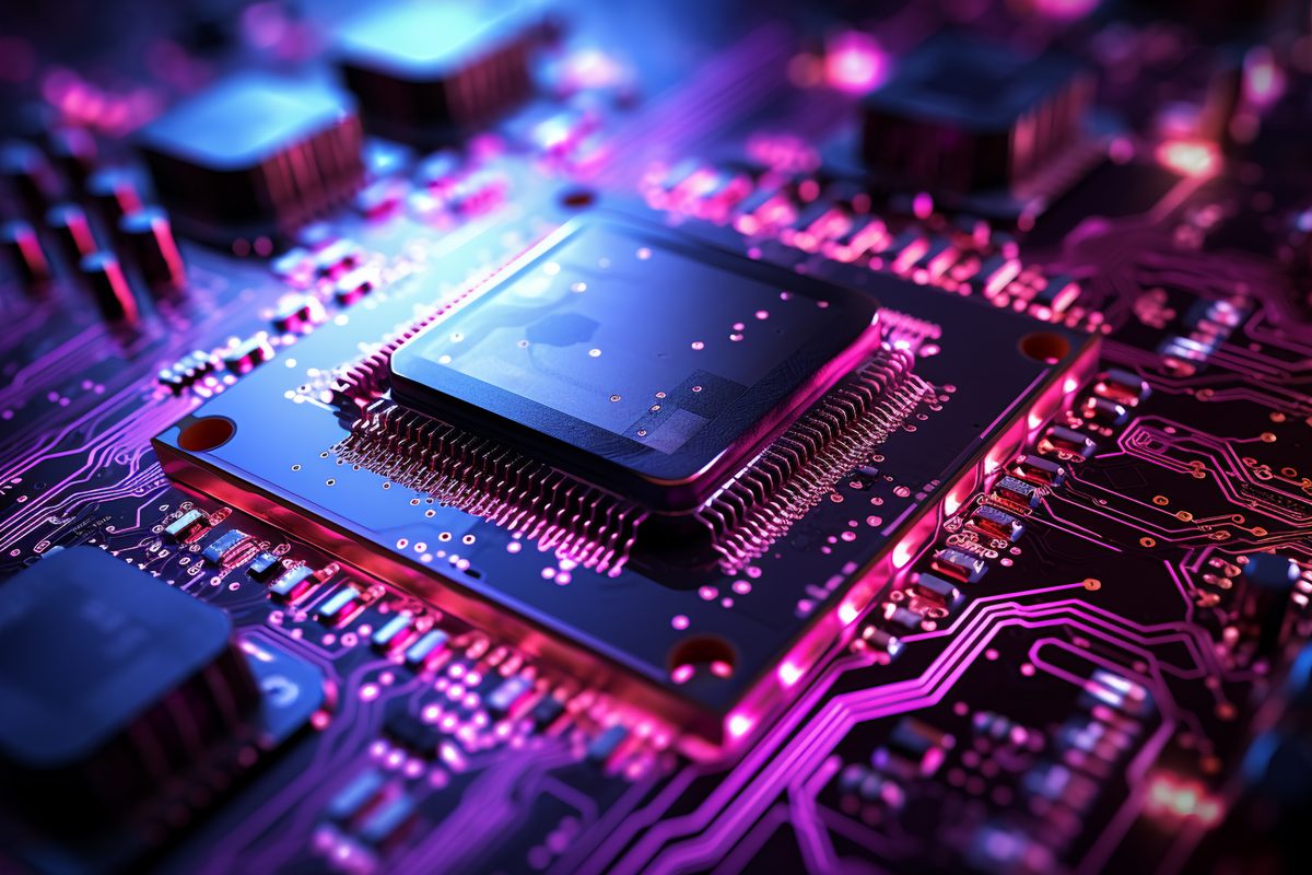 Detailed macro photo of a computer motherboard with vivid colours