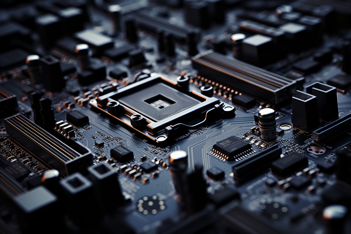 Detailed macro photo of a electronic motherboard in black color