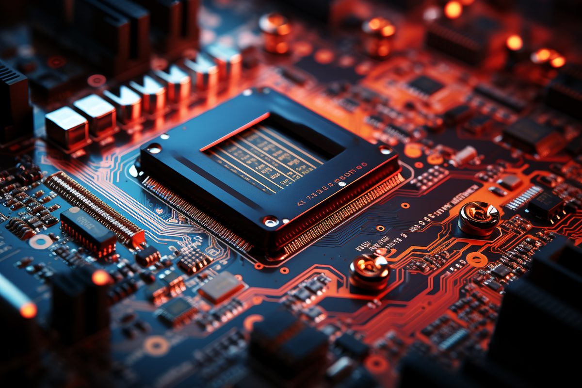 Detailed macro photo of an electronic motherboard with vivid colours