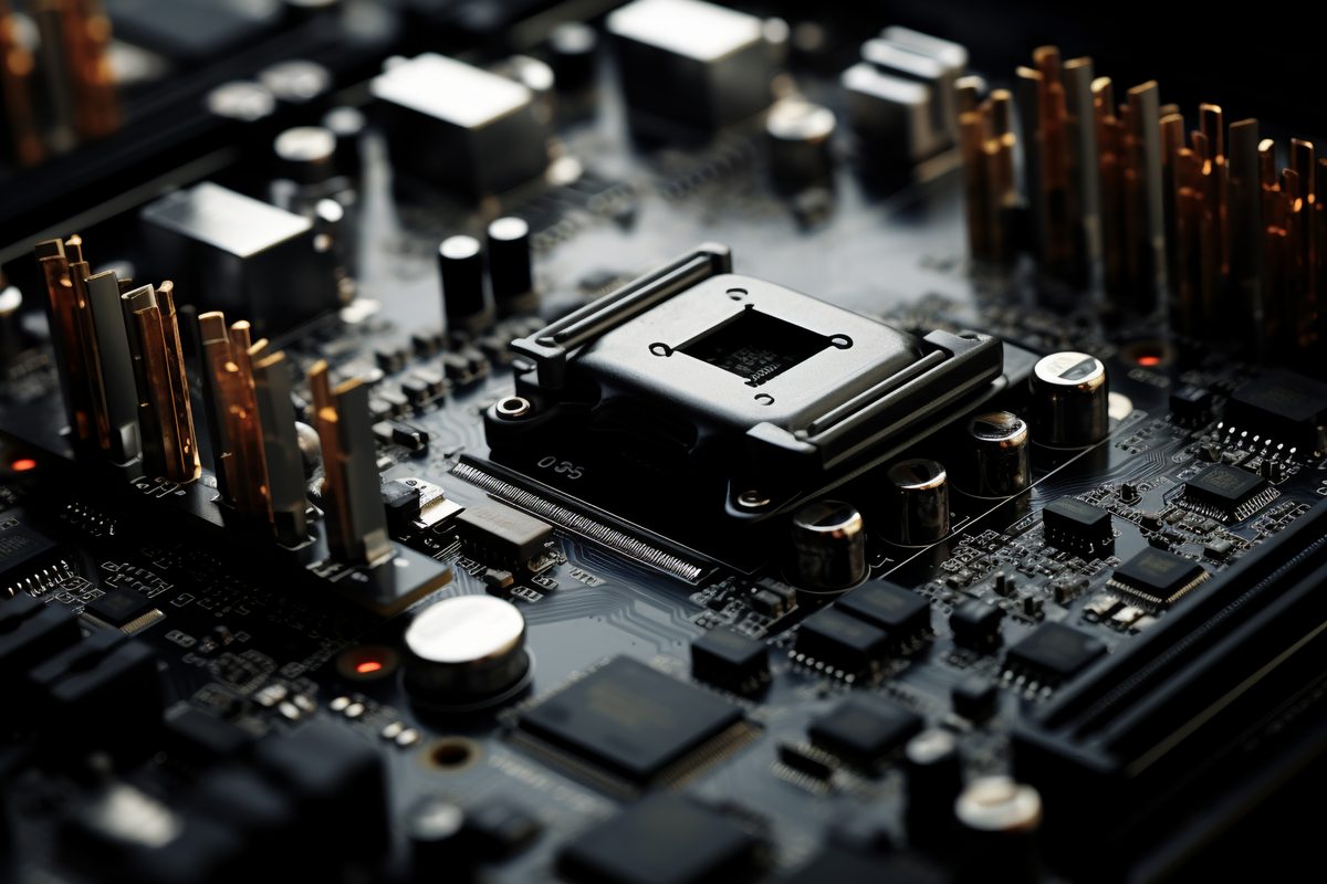 Detailed macro photography of an electronic motherboard in black
