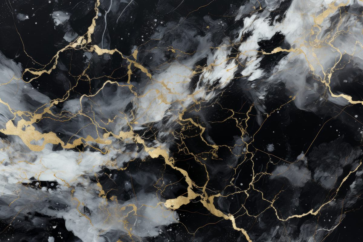 Elegant black and white marble background with golden veined lines