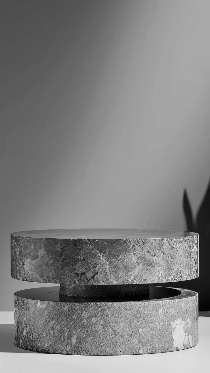 Elegant round black and white marble podium for product presentation in a minimalist setting
