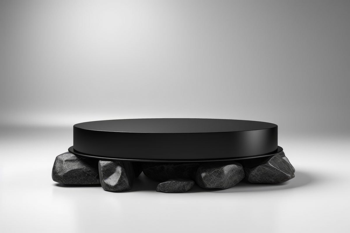 Elegant round black podium for product presentation over black stones on a white background
