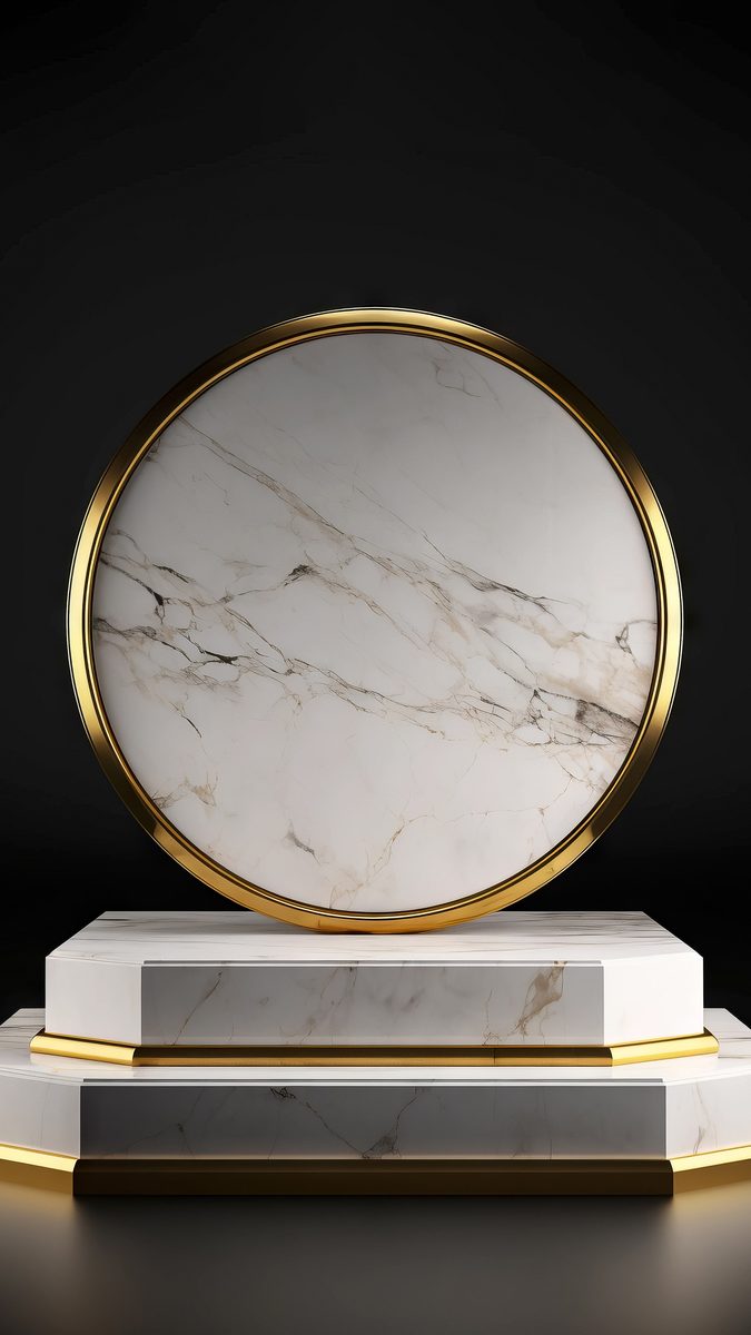 Elegant round podium in marble and gold on a black background