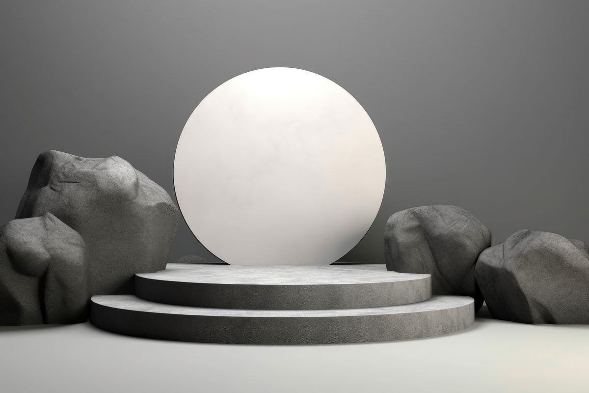 Elegant round round empty stone podium for product presentation surrounded by rocks in a minimalist setting