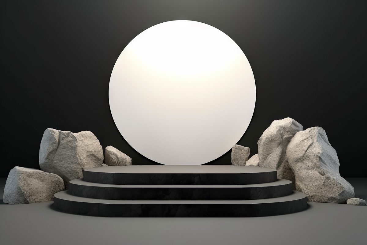 Elegant round round empty stone podium for product presentation surrounded by stones in a minimalist dark setting