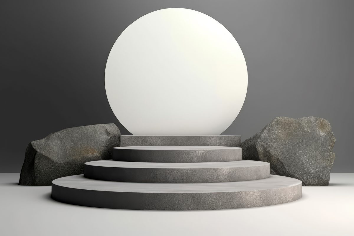 Elegant round round empty stone podium for product presentation surrounded by stones in a minimalist setting