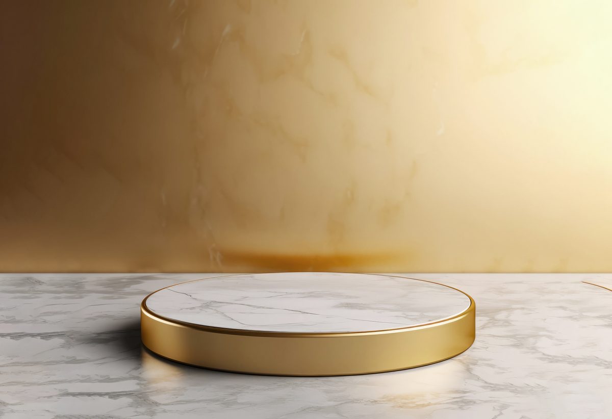 Elegant round white and golden podium for product presentation on a marble background