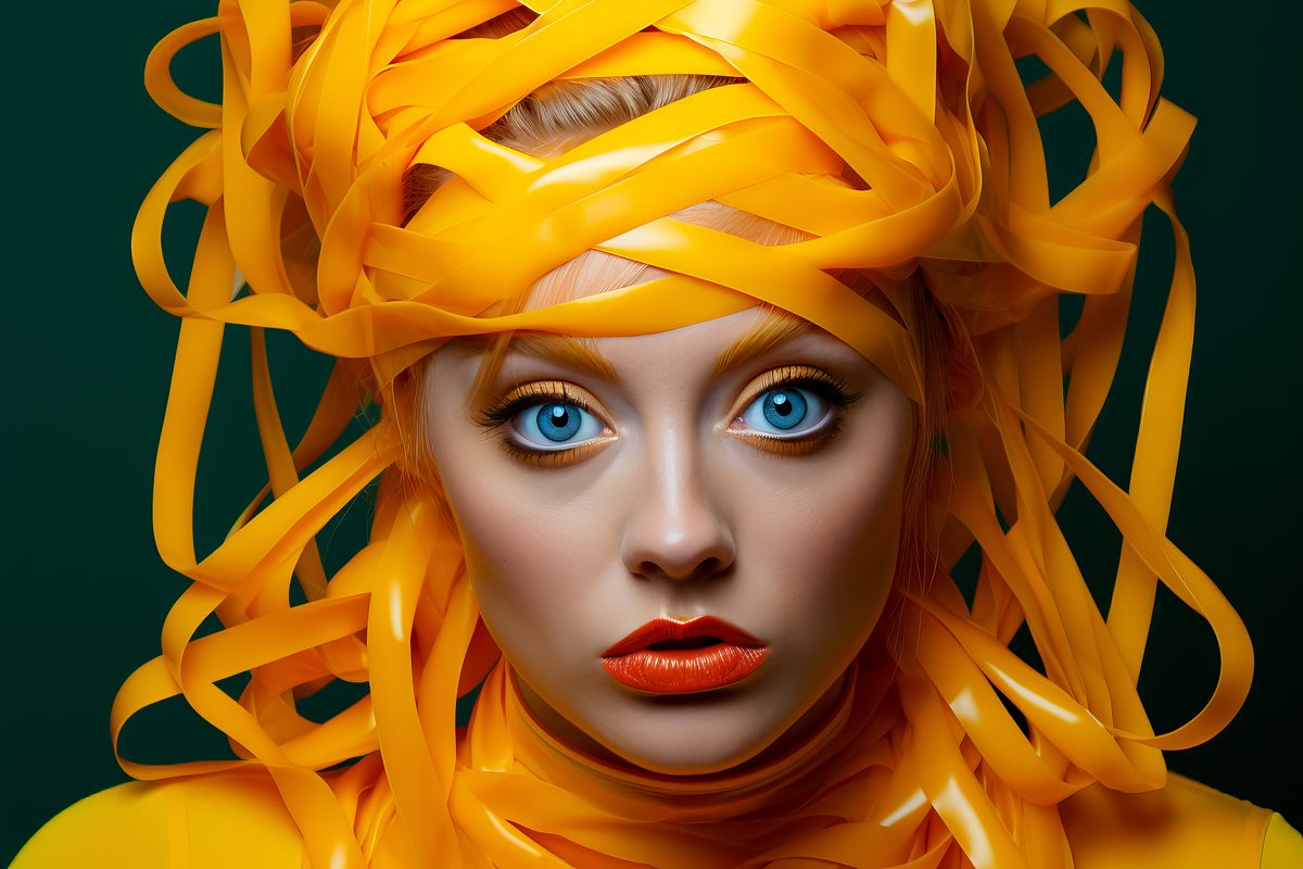 Female model with pasta hair on a black background