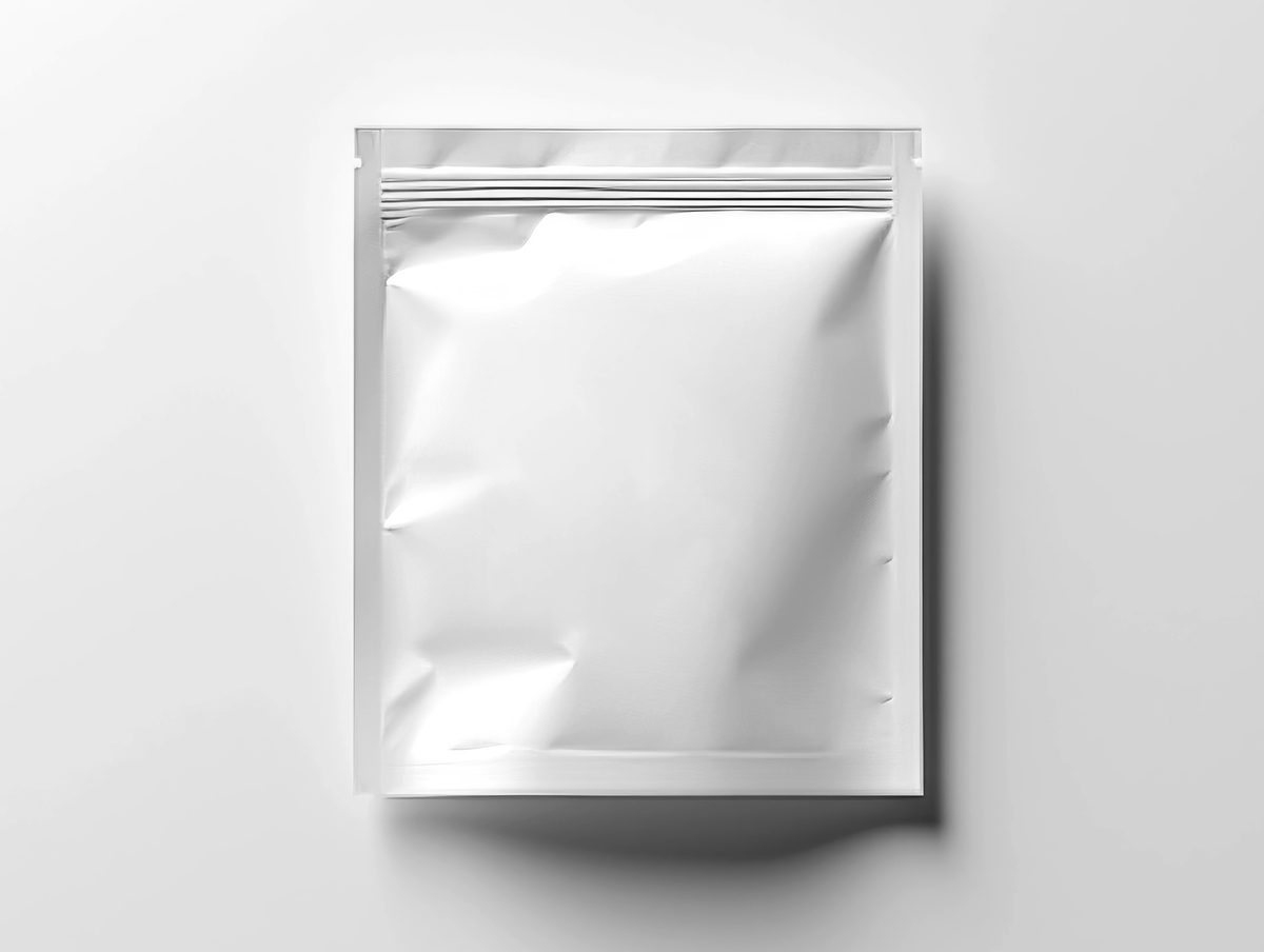 Flexible white plastic container on white background