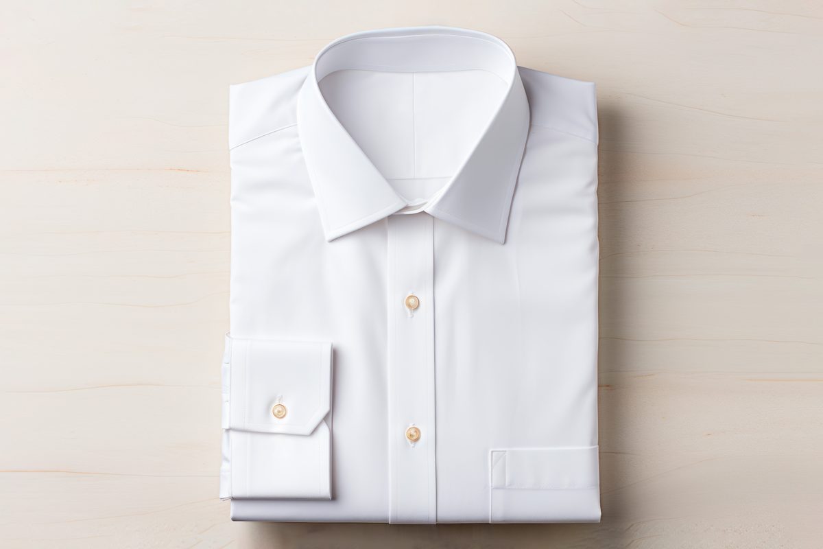 Folded white shirt laid out on a wooden surface