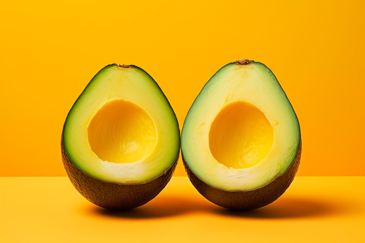 Fresh avocado cut in half arranged on a yellow background