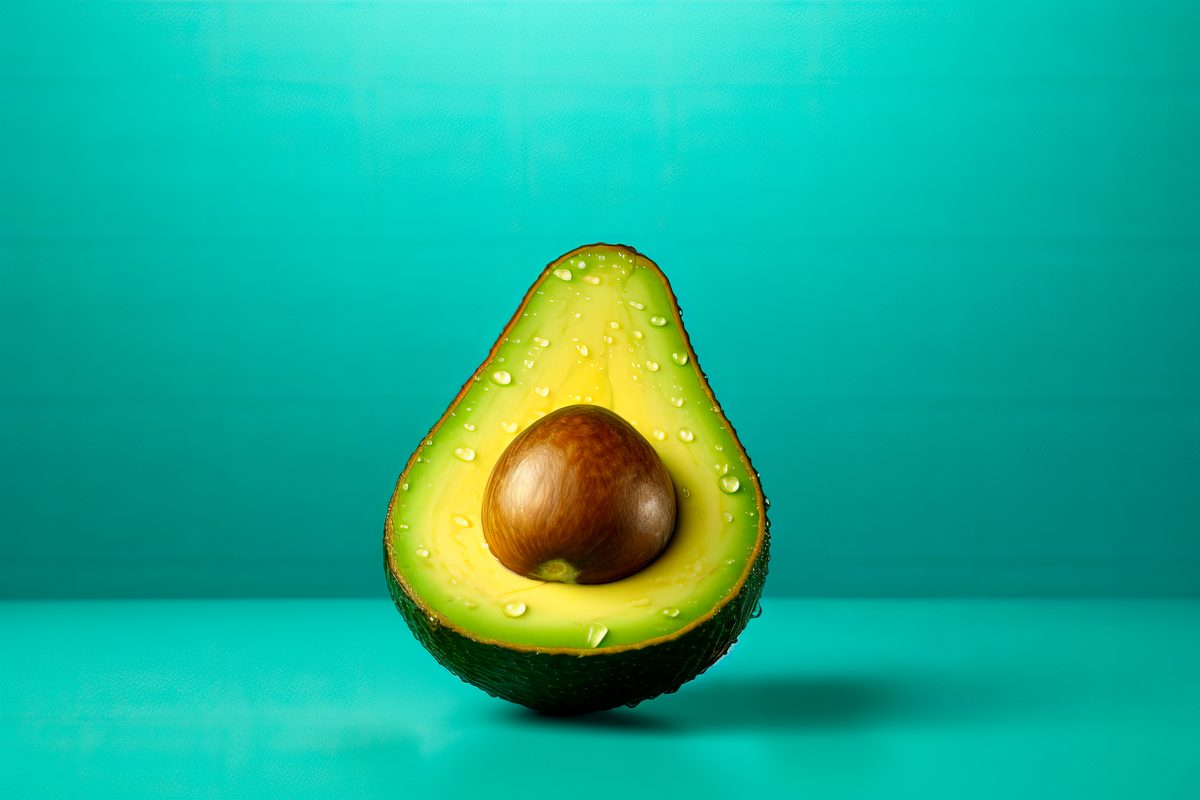 Fresh avocado cut in half over a bright blue background