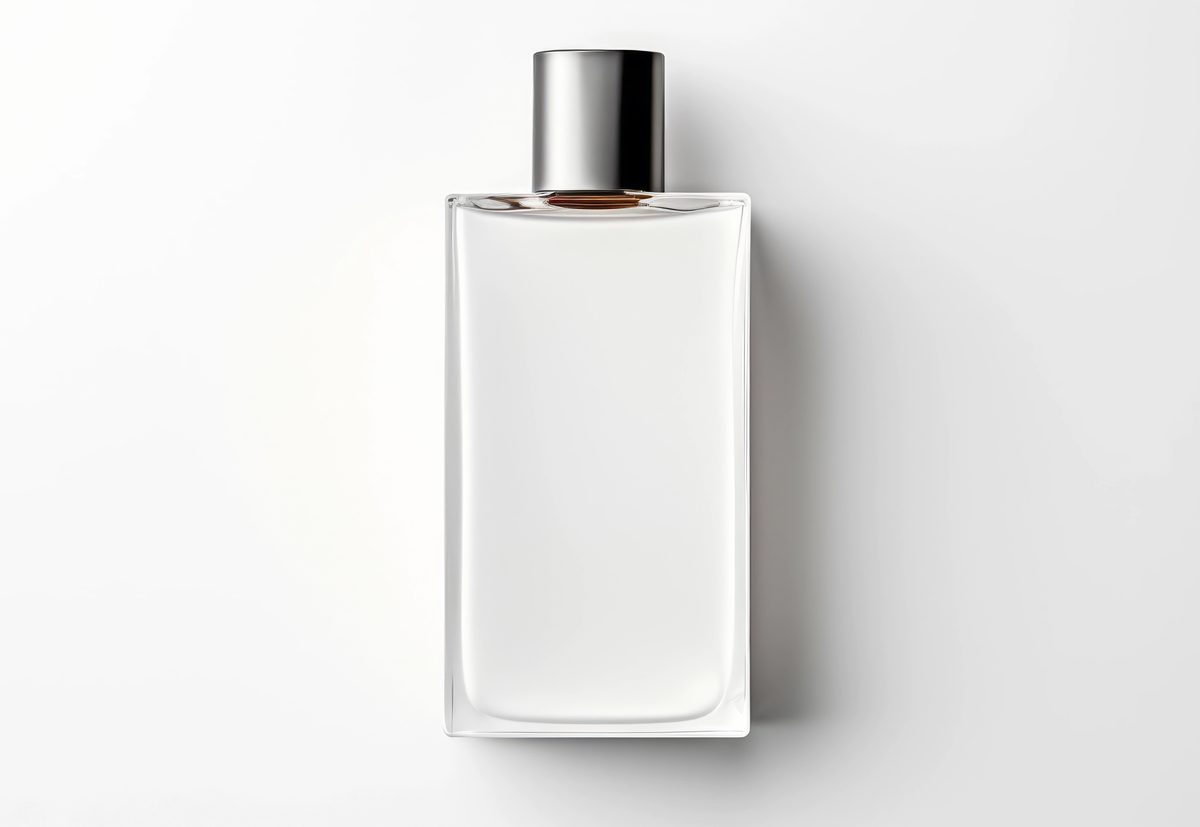 Glass cosmetic bottle with black cap insulated on white background