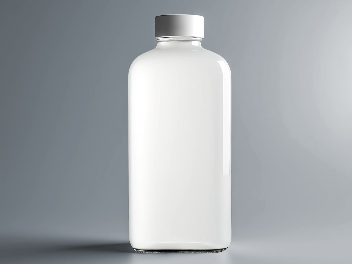 Glass jar with white cap isolated on light blue background