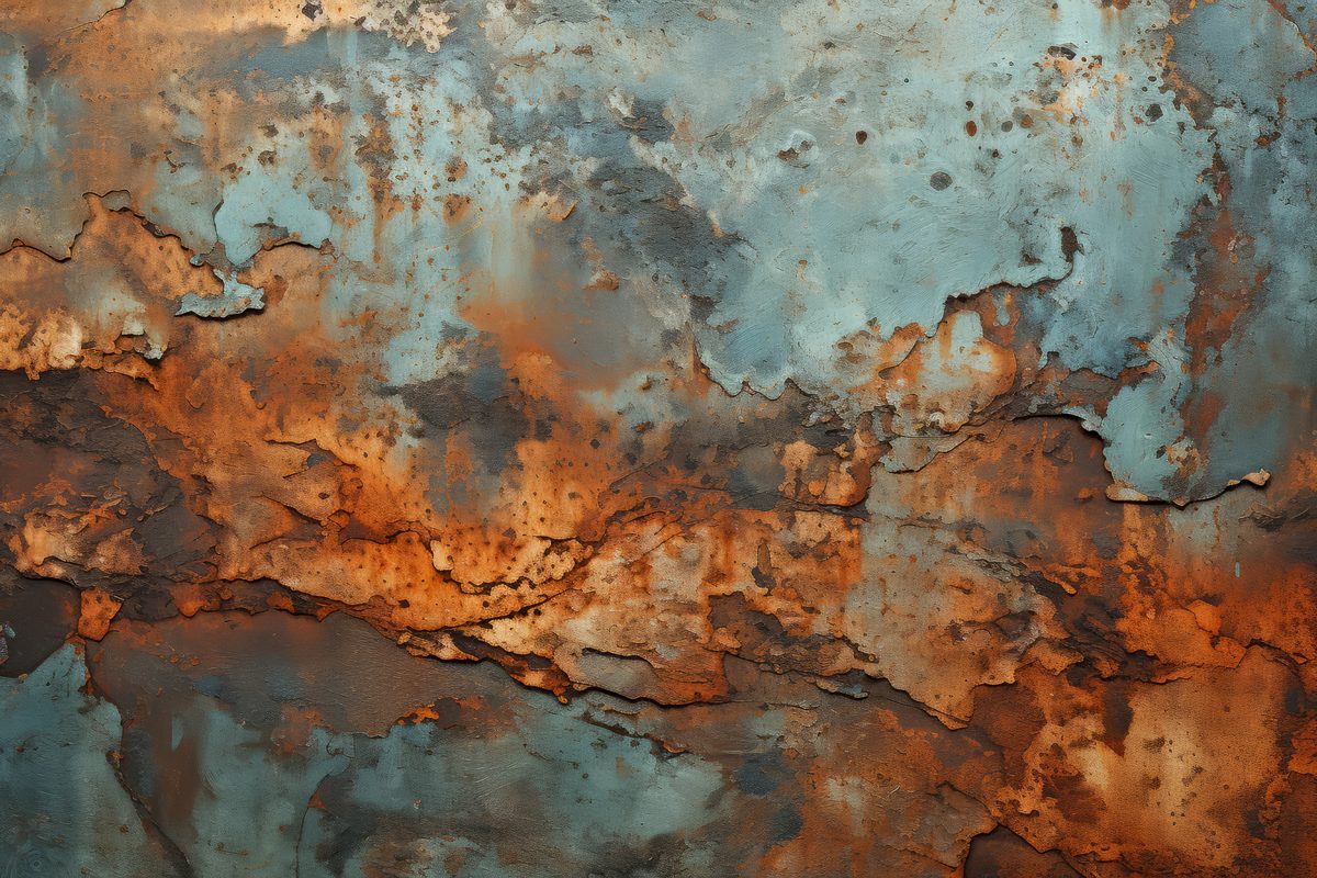 Grunge texture of rusty steel surface in blue and orange tones