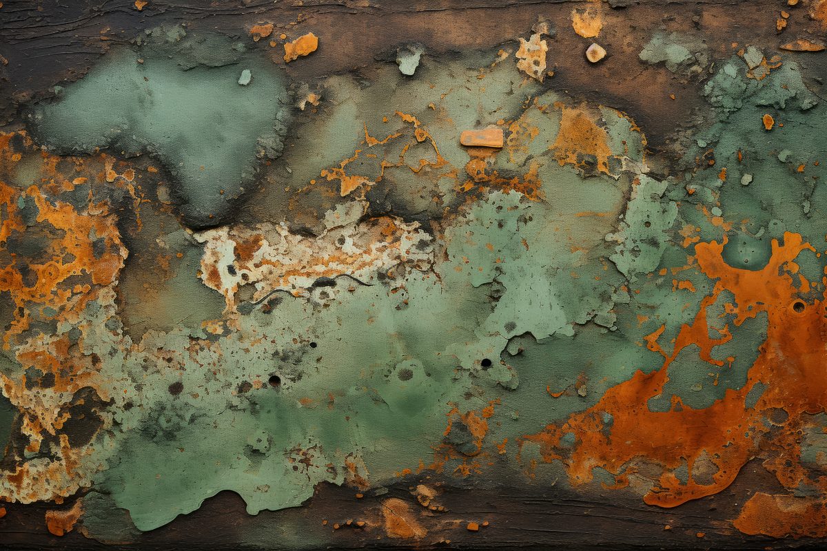 Grunge texture of rusty steel surface in orange and green tones