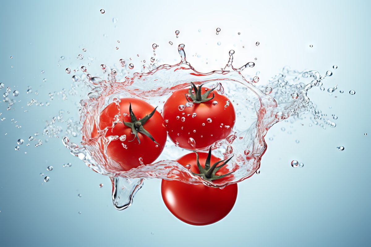 Image of composition of fresh tomatoes with water on light background