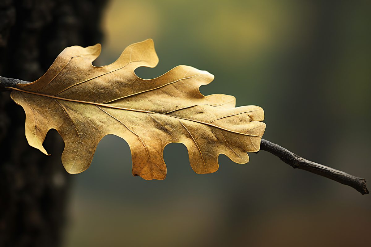 Image of dried oak leaf on trunk on blurred background