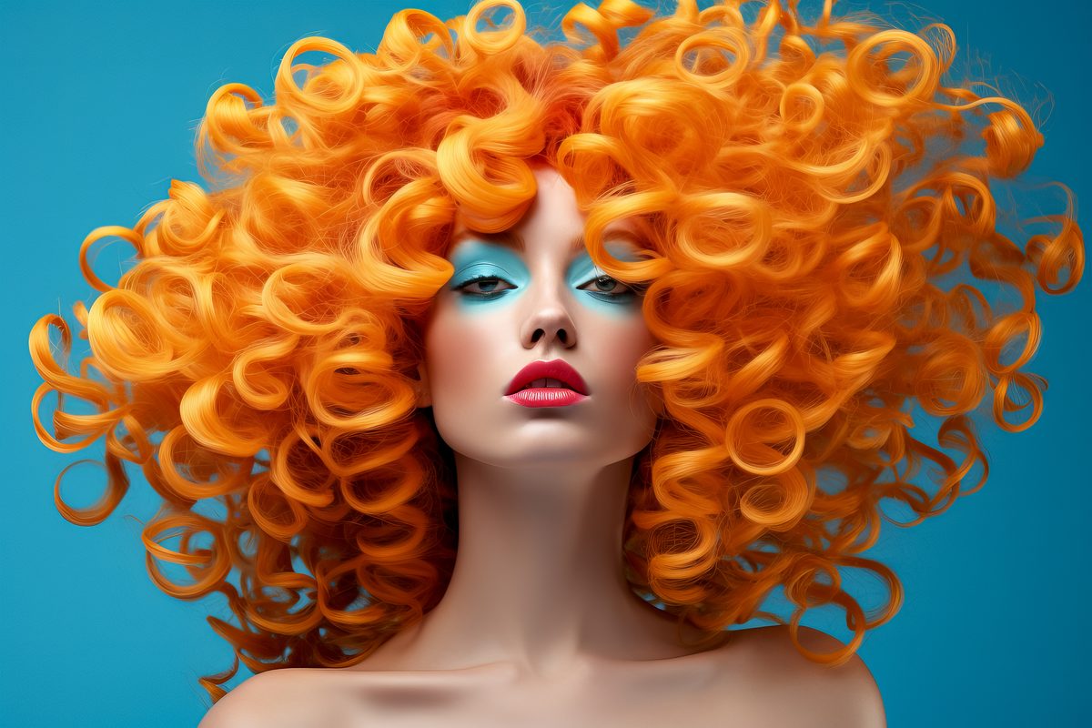 Image of fashionable ginger woman on blue background