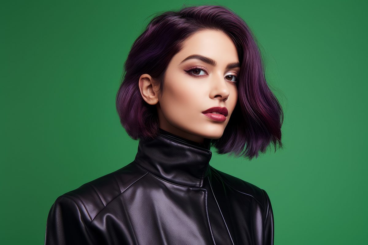 Image of fashionable woman on green background