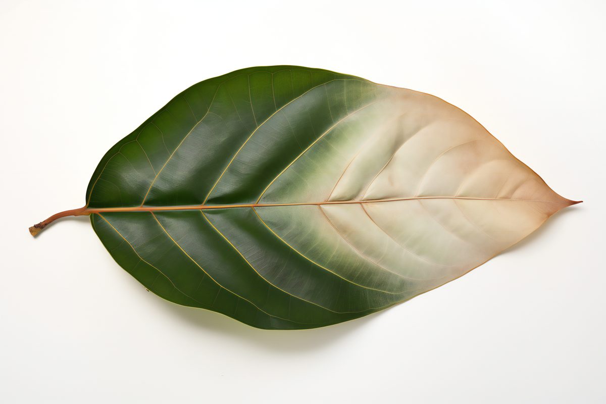 Image of ficus elastica leaf on white background