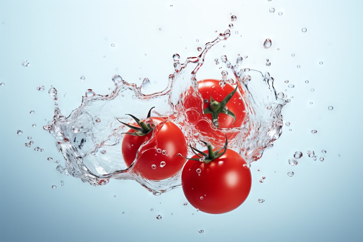 Image of fresh tomatoes with water on light background