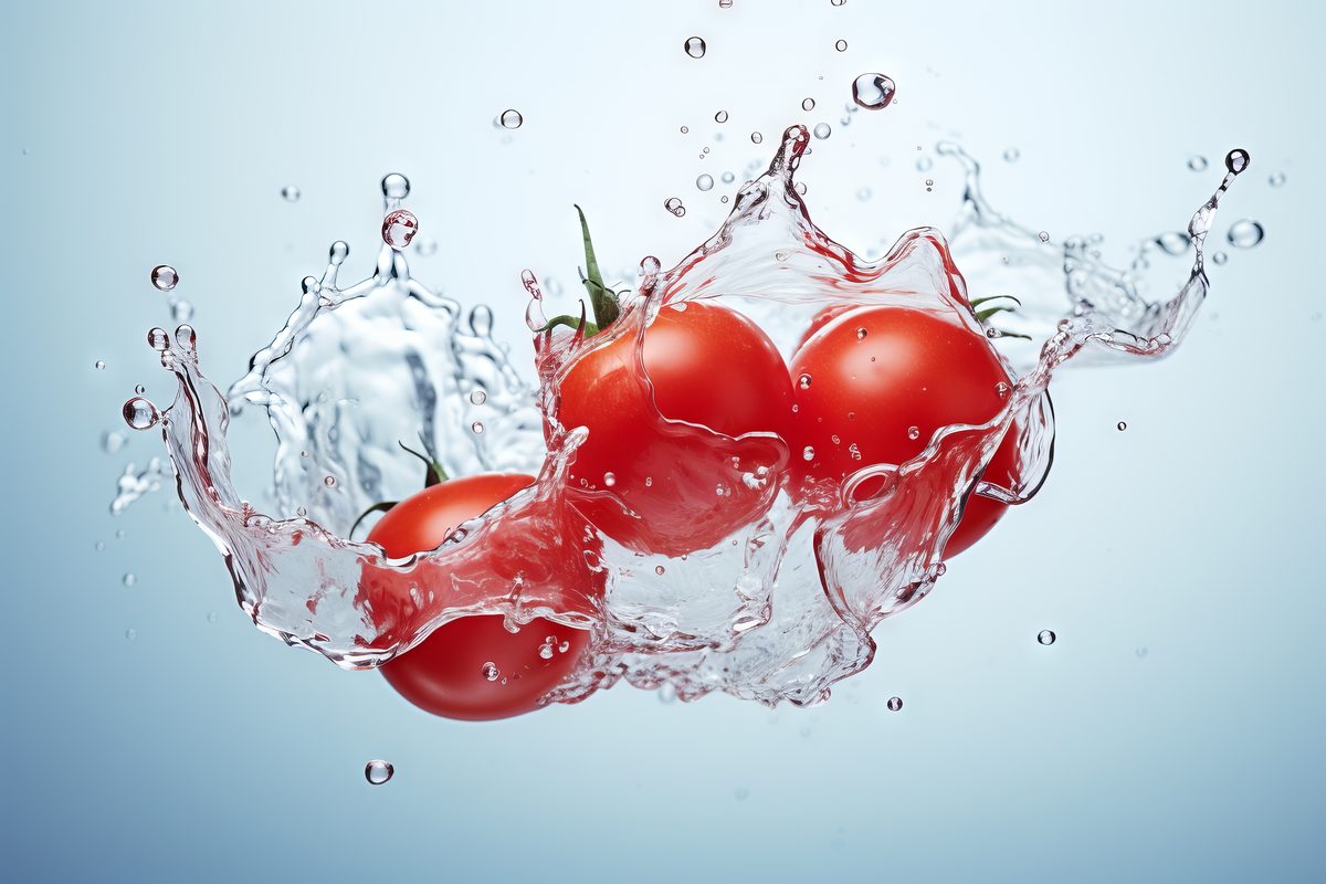 Image of group of fresh tomatoes with water on light background