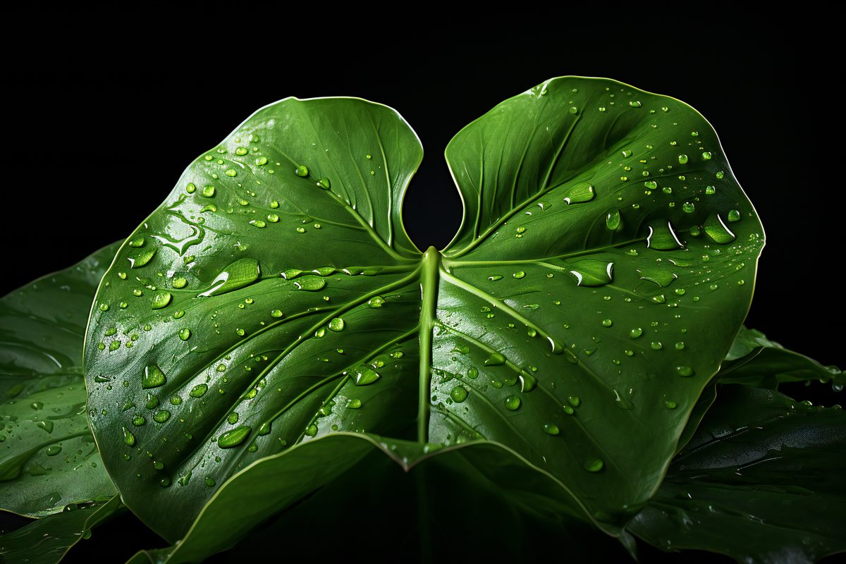 Image of monstera leaf with water droplets on black background