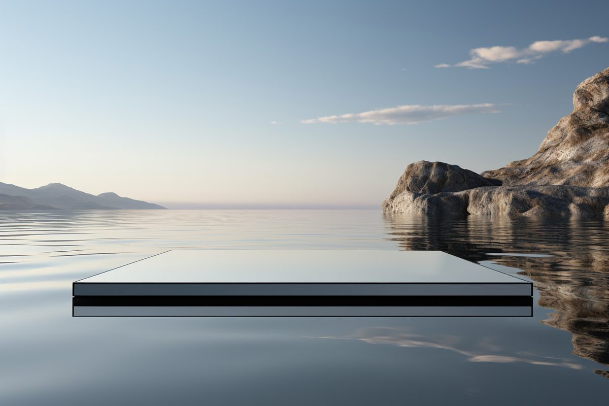 Image of platform floating in the sea with sunrise in the background