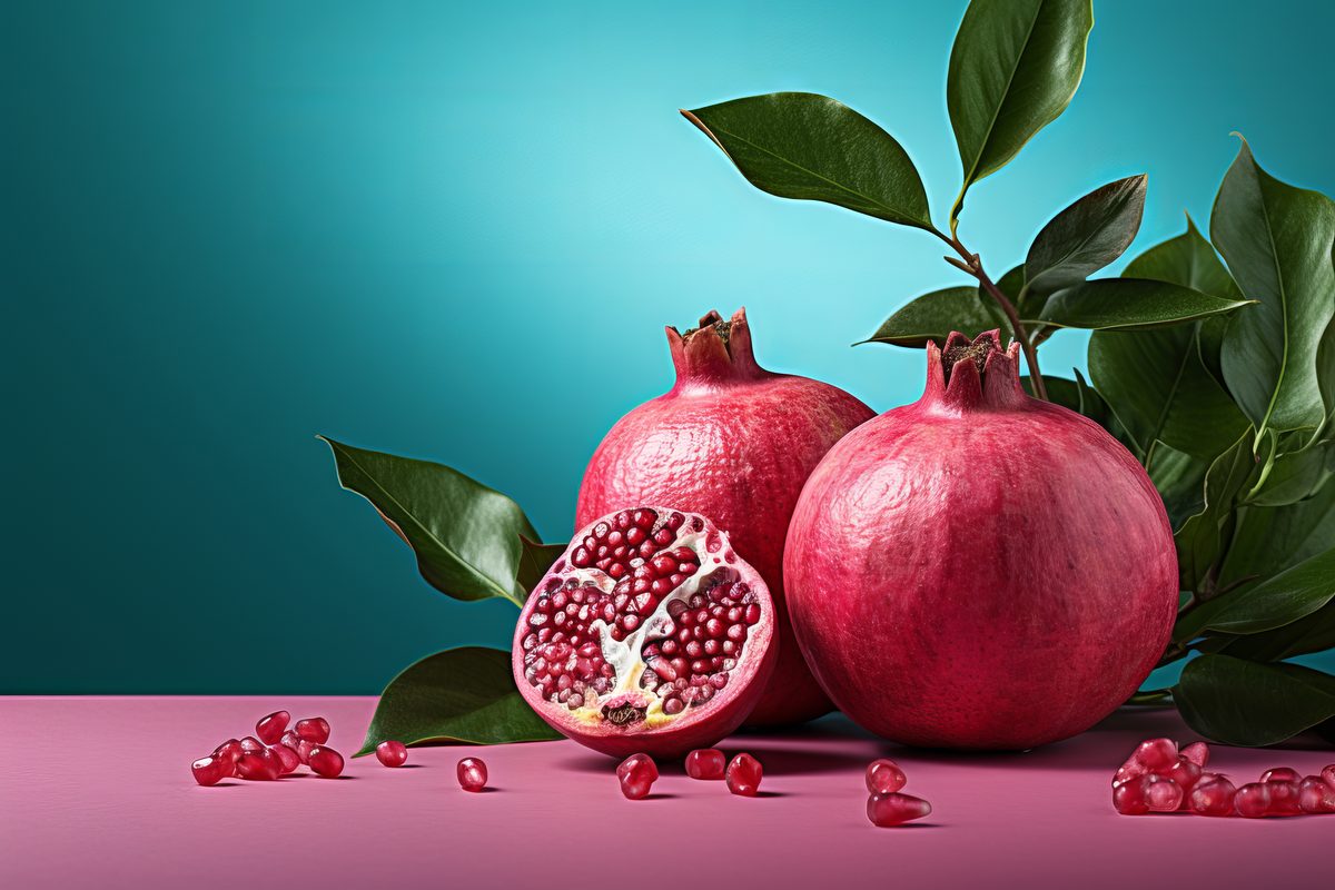 Image of pomegranate composition with half open pomegranate and leaves with blue background