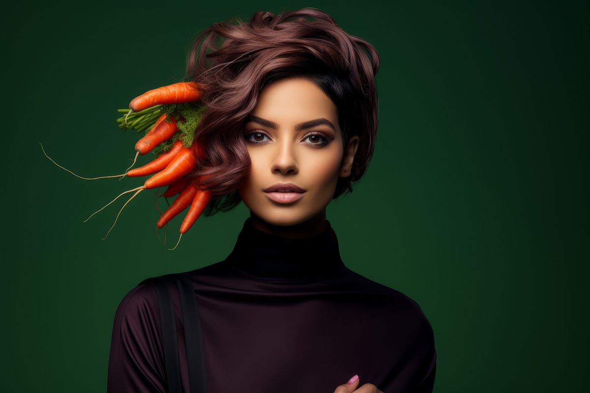 Image of stylish vintage woman with carrots in her hair on a green background