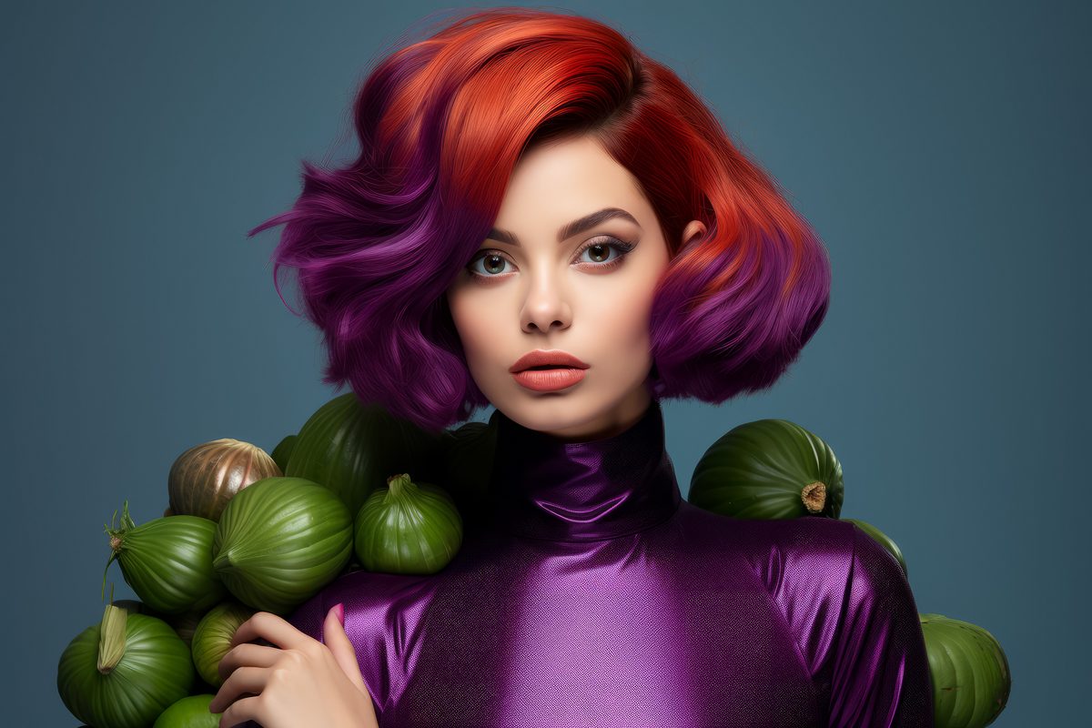 Image of stylish vintage woman with green fruit on a blue background