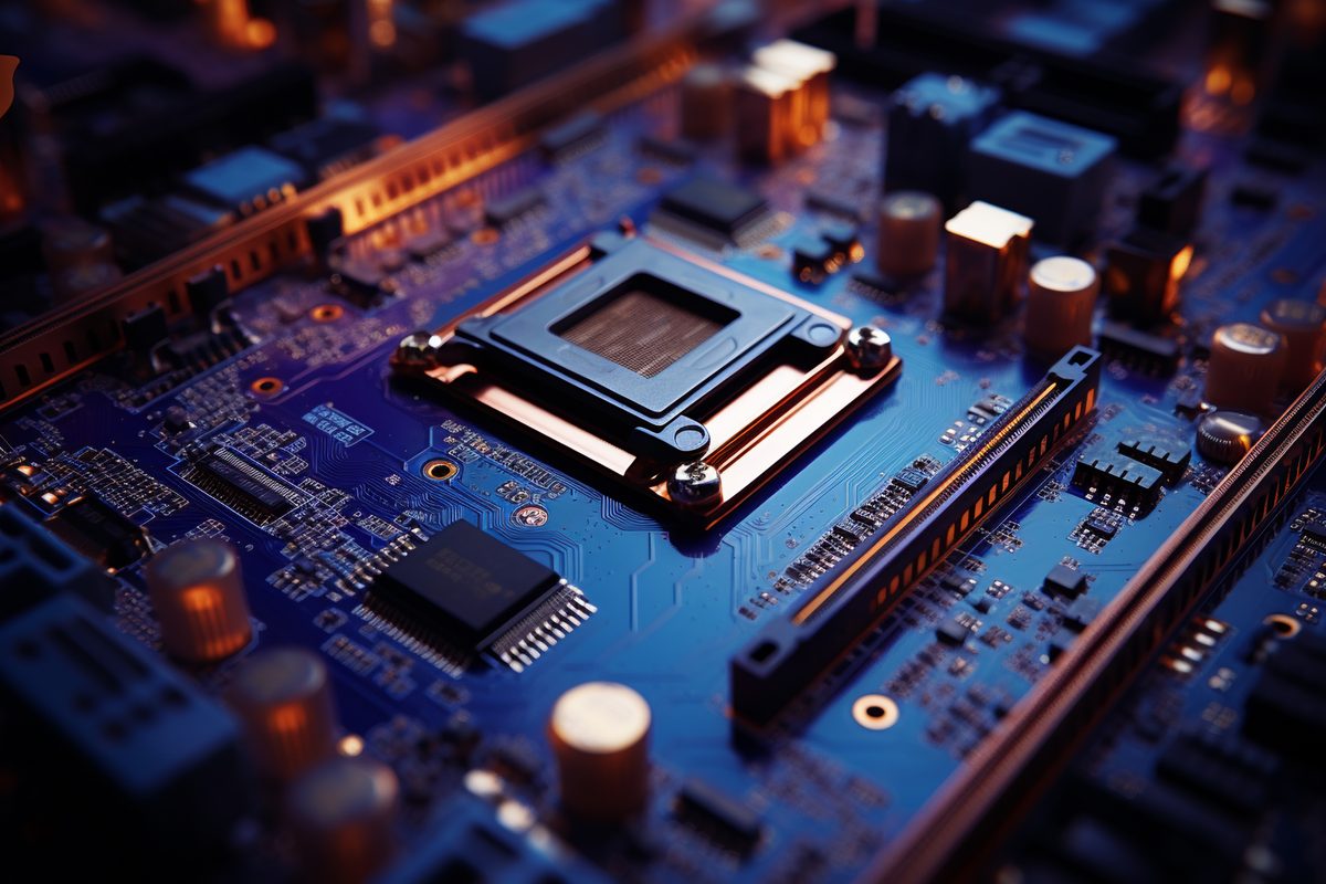Macro Image of Computer Motherboard with Striking Colors
