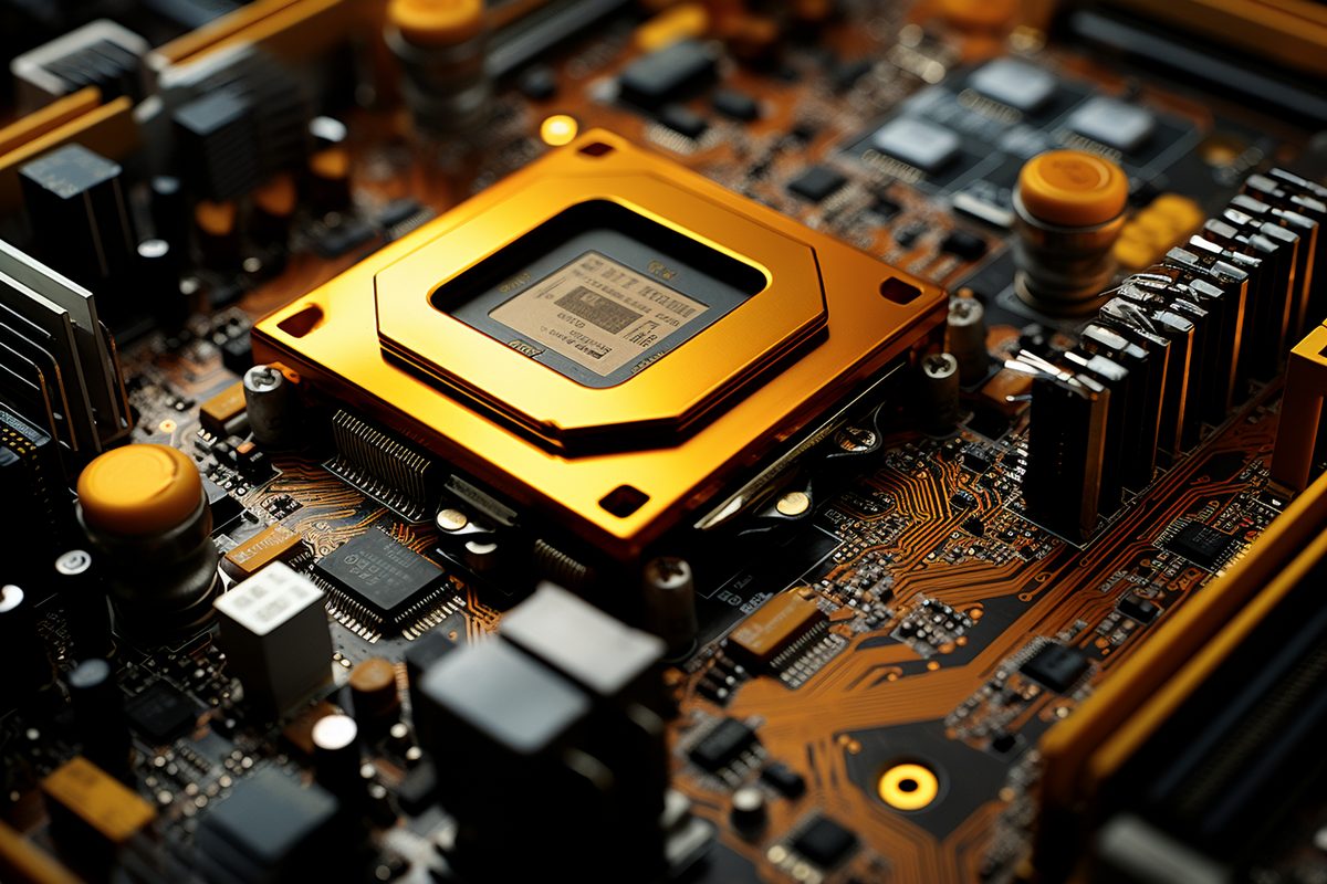 Macro Photo of a Motherboard in gold and black